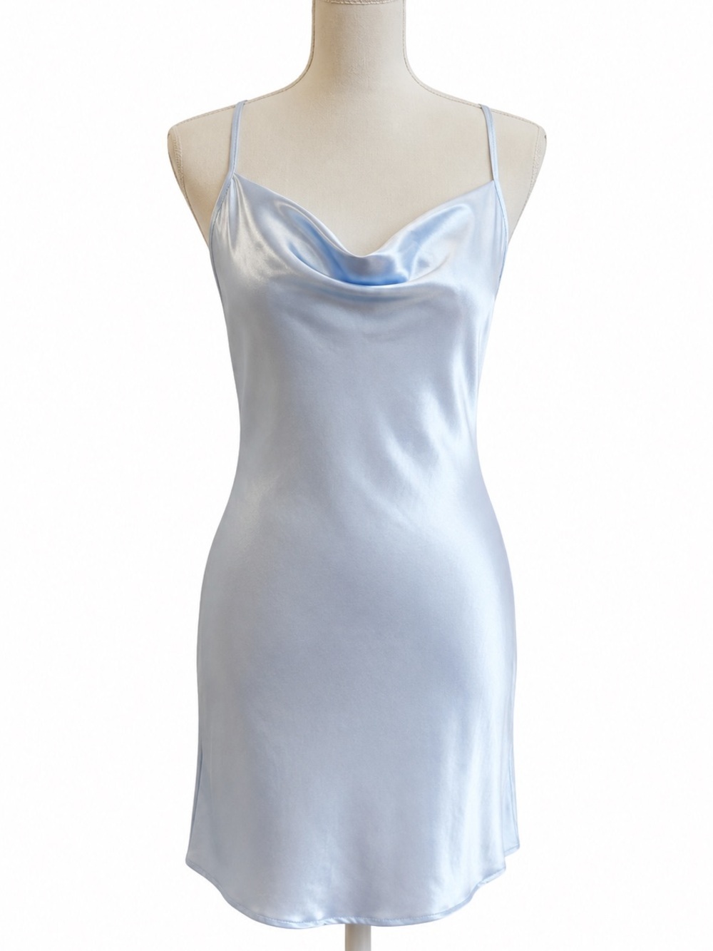 LIGHT BLUE MINI SATIN SLIP DRESS